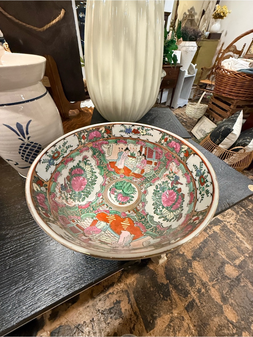 Hand-Painted Decorative Porcelain Bowl in Pink and Green